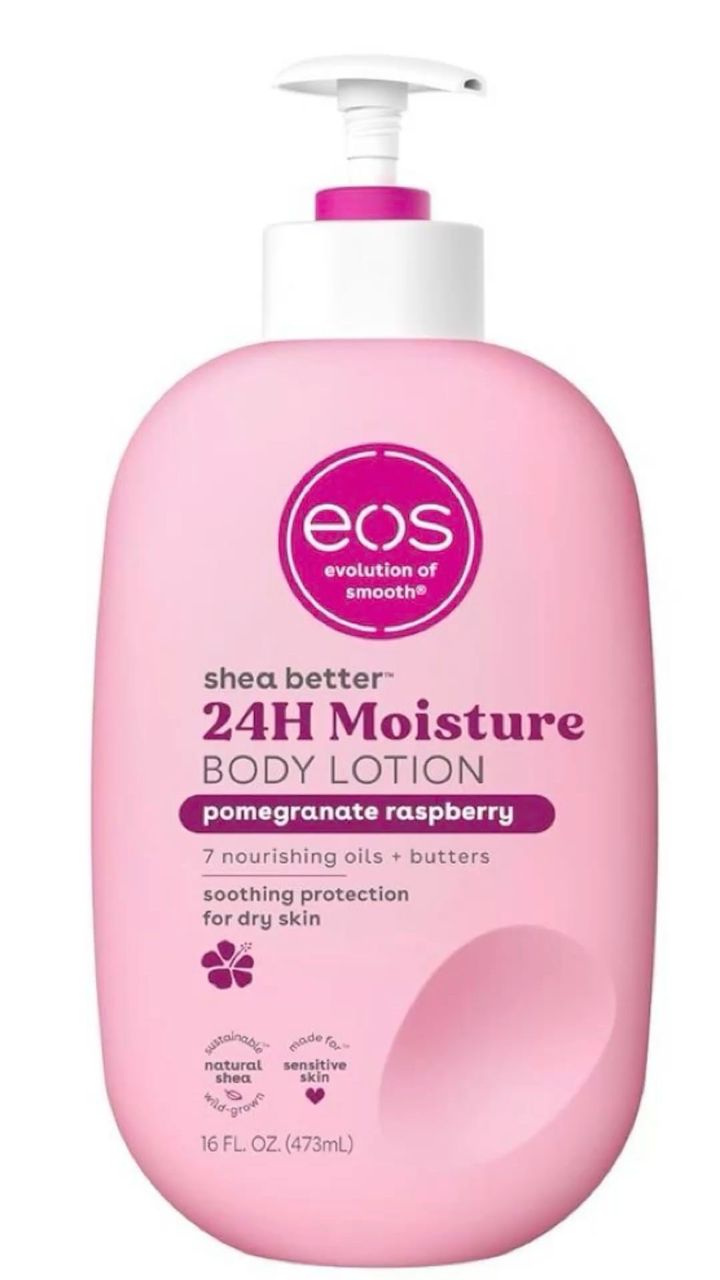 eos Shea Better Body Lotion Pomegranate Raspberry, 24-Hour Moisture Skin Care, Lightweight & Non-Greasy, Natural Shea, Vegan, 16 fl oz