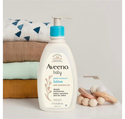 Aveeno Baby Daily Moisture Body Lotion for Sensitive Skin, Hypoallergenic Moisturizing Baby Lotion with Nourishing Oatmeal to Deeply Moisturize Baby's Skin, Fragrance-Free, 12 fl. oz