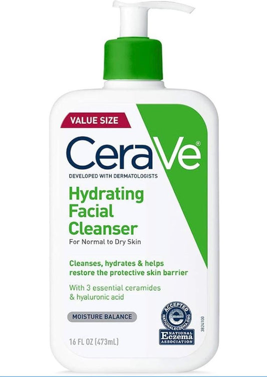 CeraVe Hydrating Facial Cleanser, Moisturizing Face Wash For Dry Skin, Hyaluronic Acid + Ceramides + Glycerin, Hydrating Cleanser For Normal To Dry Skin, National Eczema Association Certified