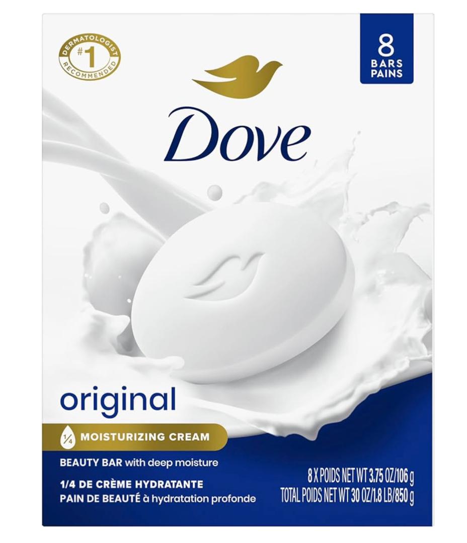Dove 4 in 1 Beauty Bar Soap Original 8 Count for Soft, Smooth Skin, with 1/4 Moisturizing Cream 3.75 oz