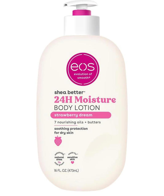 EOS Shea Better Body Lotion Strawberry Dream, 24-Hour Moisture Skin Care, Lightweight & Non-Greasy, Natural Shea, Vegan, Strawberry Body Lotion, 16 fl oz