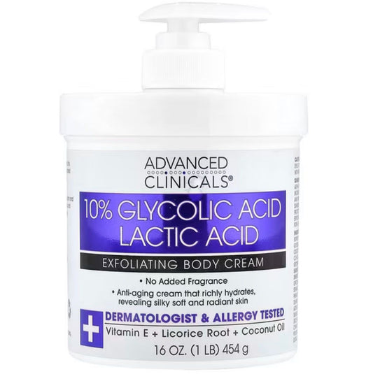 Advanced Clinicals, 10% Glycolic Acid, Lactic Acid, Exfoliating Body Cream, 16 oz (454 g)